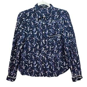 French Paris Button Down Shirt Womens M Floral Long Sleeve Navy Blue Pocket